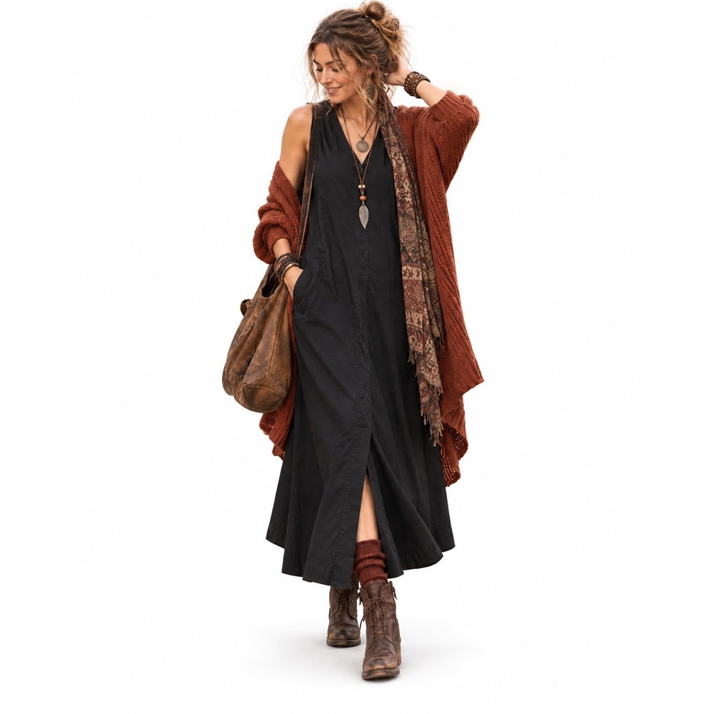 Womens M Black Maxi Dress Linen Jumper Boho Lagenlook Minimalist Artsy Layered